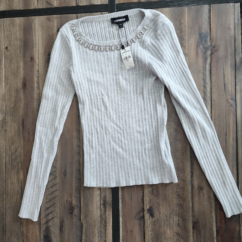 Express lightweight sweater with rhinestone neckline